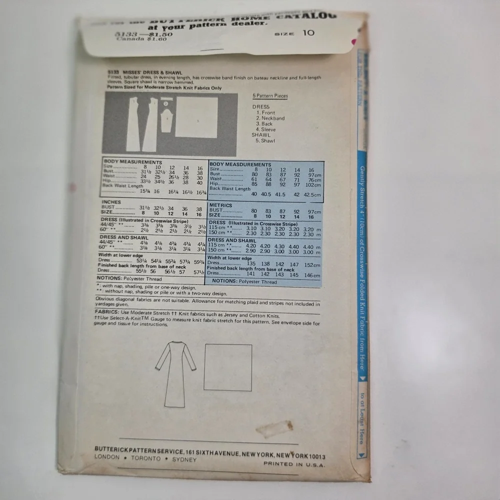 Vintage 1970s Butterick 5133 Misses Dress Shawl Sewing Pattern Size 10 Maxi